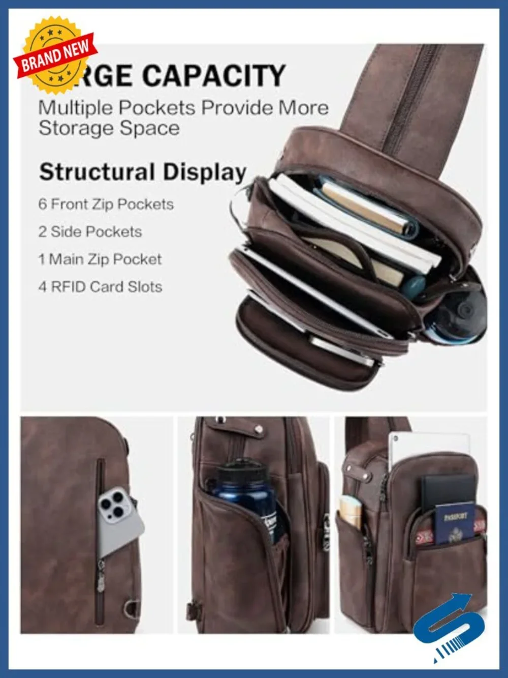 Large Convertible Leather Sling Bag Women Anti Theft Crossbody Backpack 11L